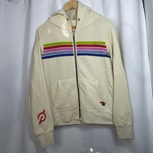 Aviator Nation Cream Zip Hoodie with Rainbow Stripes
